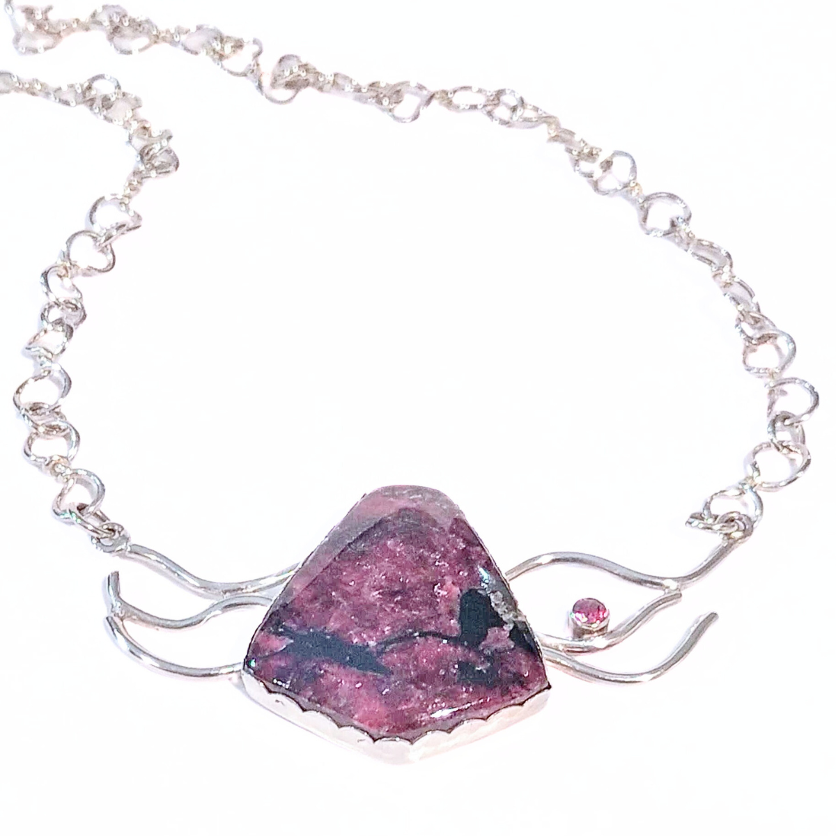 VC-093 - Eudialyte & Garnet Wave Pendant with Fine Silver Chain