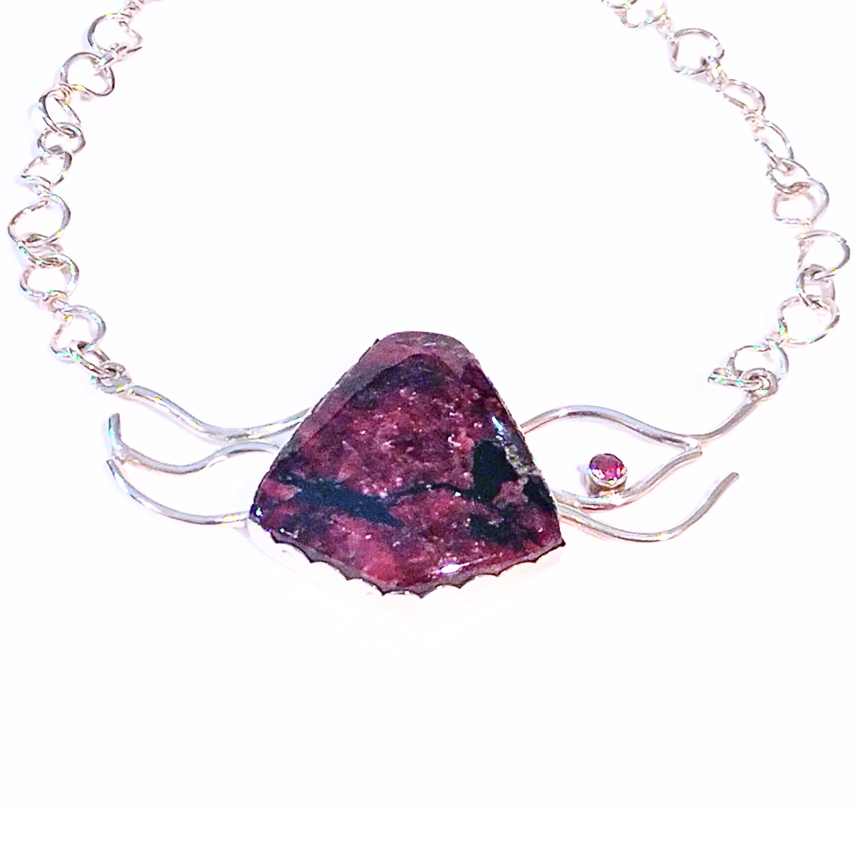 VC-093 - Eudialyte & Garnet Wave Pendant with Fine Silver Chain