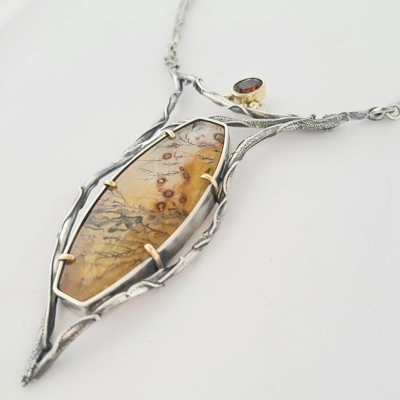 JSD-6113 Prismatic Dendritic Quartz W/ Mexican Topaz Branch Necklace 18K, SS