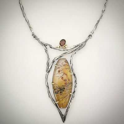 JSD-6113 Prismatic Dendritic Quartz W/ Mexican Topaz Branch Necklace 18K, SS