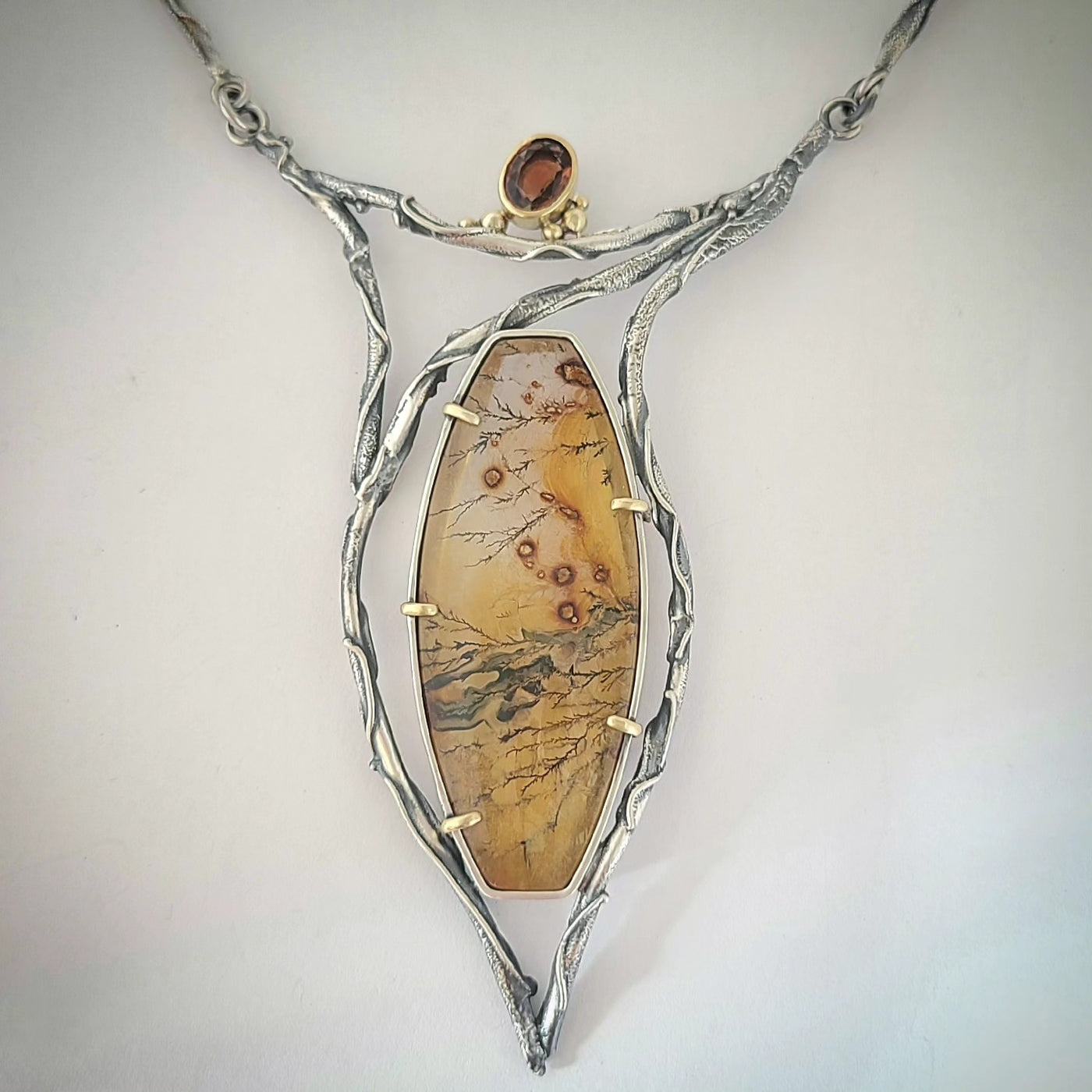 JSD-6113 Prismatic Dendritic Quartz W/ Mexican Topaz Branch Necklace 18K, SS