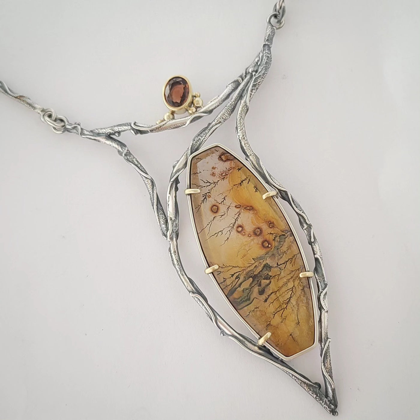 JSD-6113 Prismatic Dendritic Quartz W/ Mexican Topaz Branch Necklace 18K, SS