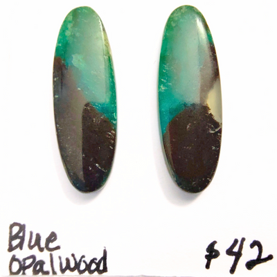 BOW-1003 Blue Opal Wood Cabochon Pair