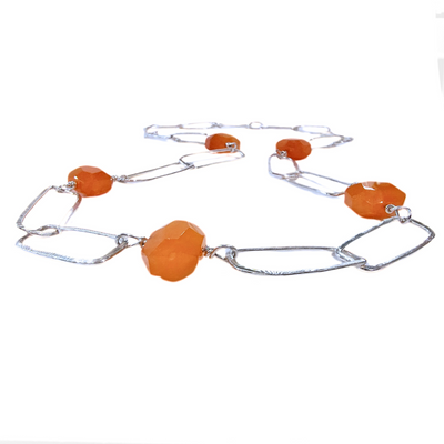 DS-428 Sterling Silver Paper Clip Chain with Orange Chalcedony Beads 21 1/2"