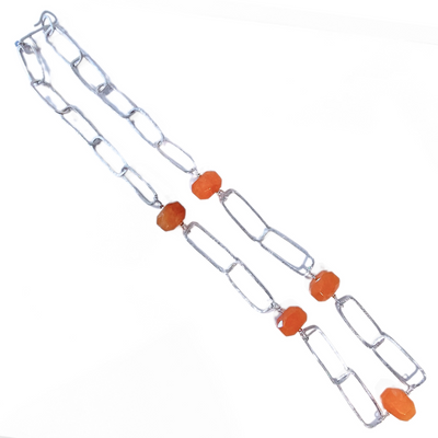 DS-428 Sterling Silver Paper Clip Chain with Orange Chalcedony Beads 21 1/2"