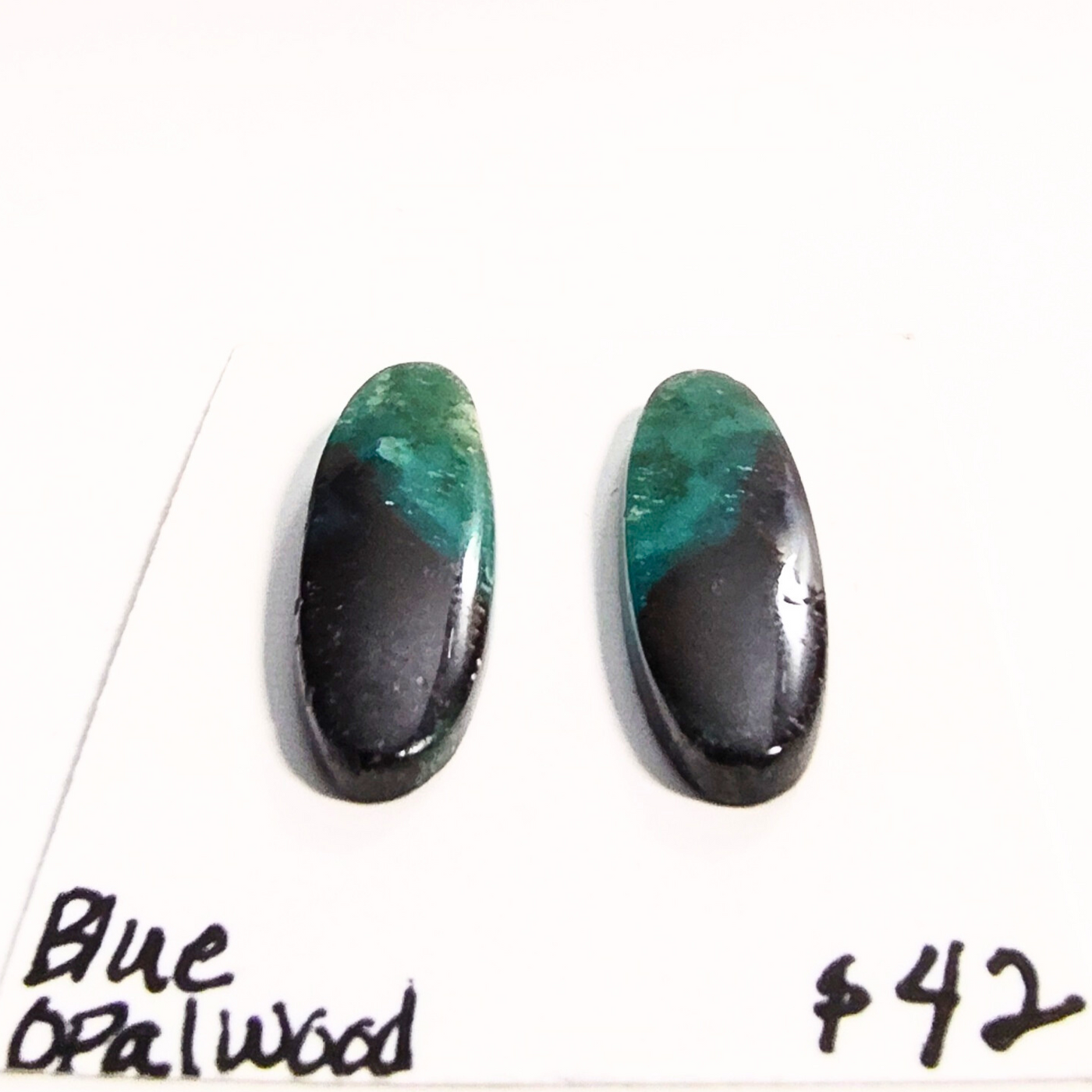 BOW-1003 Blue Opal Wood Cabochon Pair