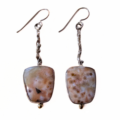 JSD-1005 Ocean Jasper Branch Earrings, SS and 14K