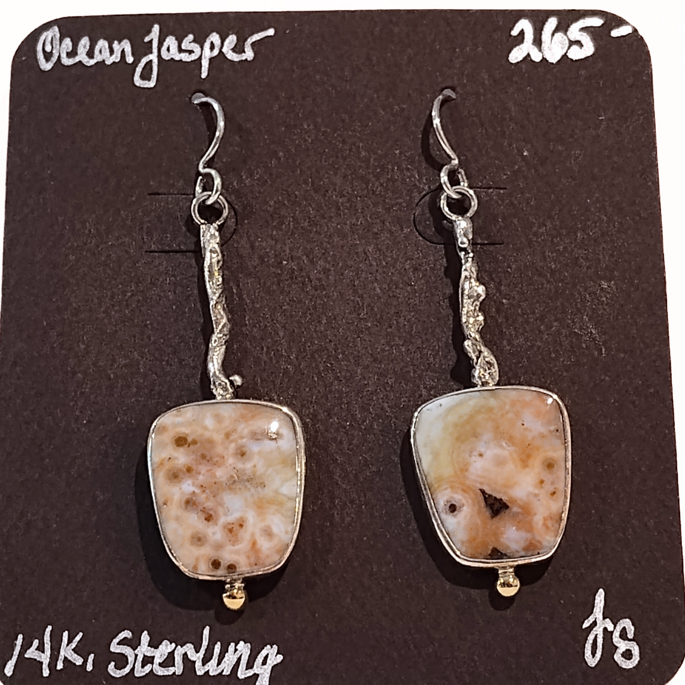 JSD-1005 Ocean Jasper Branch Earrings, SS and 14K