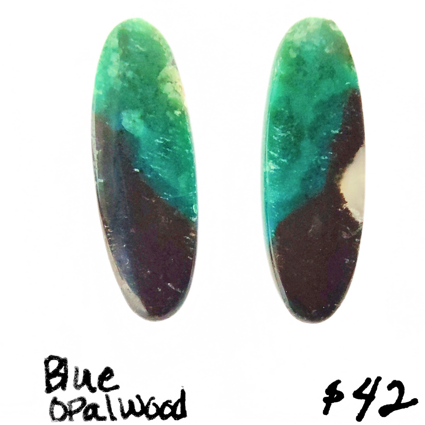 BOW-1003 Blue Opal Wood Cabochon Pair