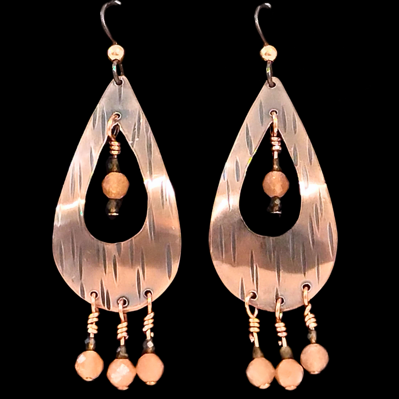 DS-400 Copper Tear Drop Earring W/ Sunstone and Smokey Quartz