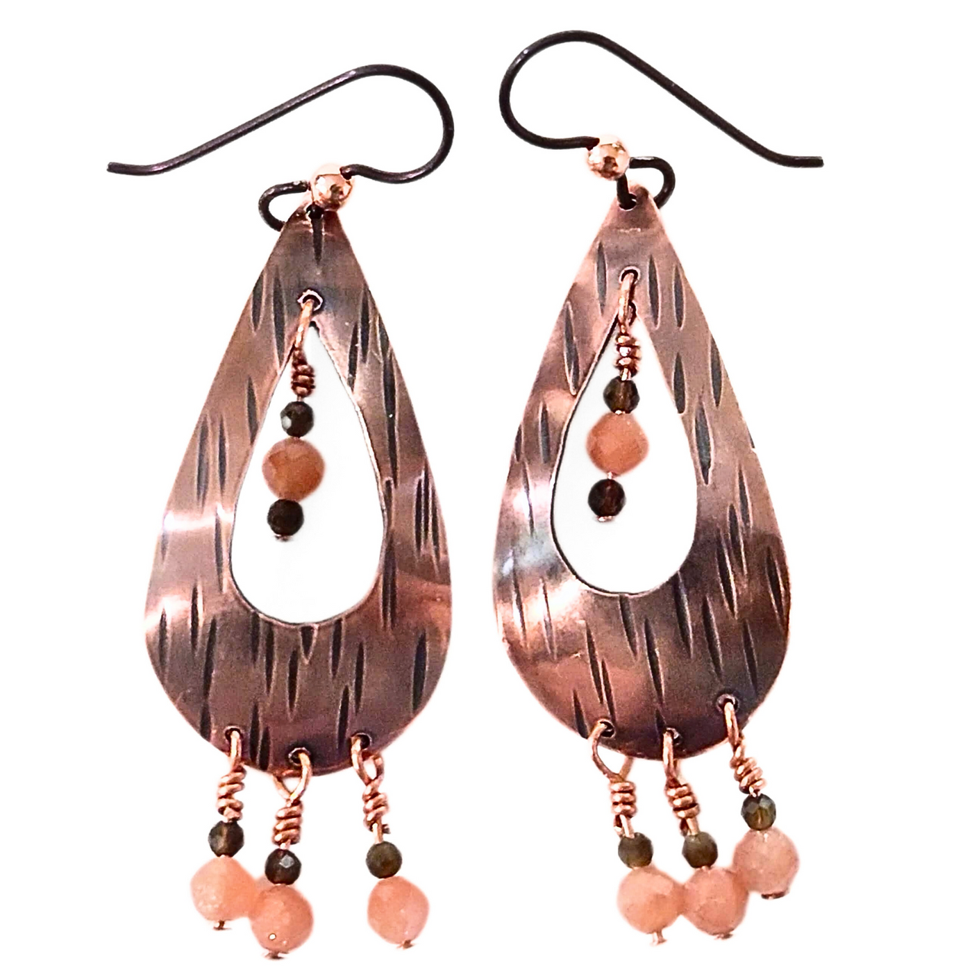 DS-400 Copper Tear Drop Earring W/ Sunstone and Smokey Quartz