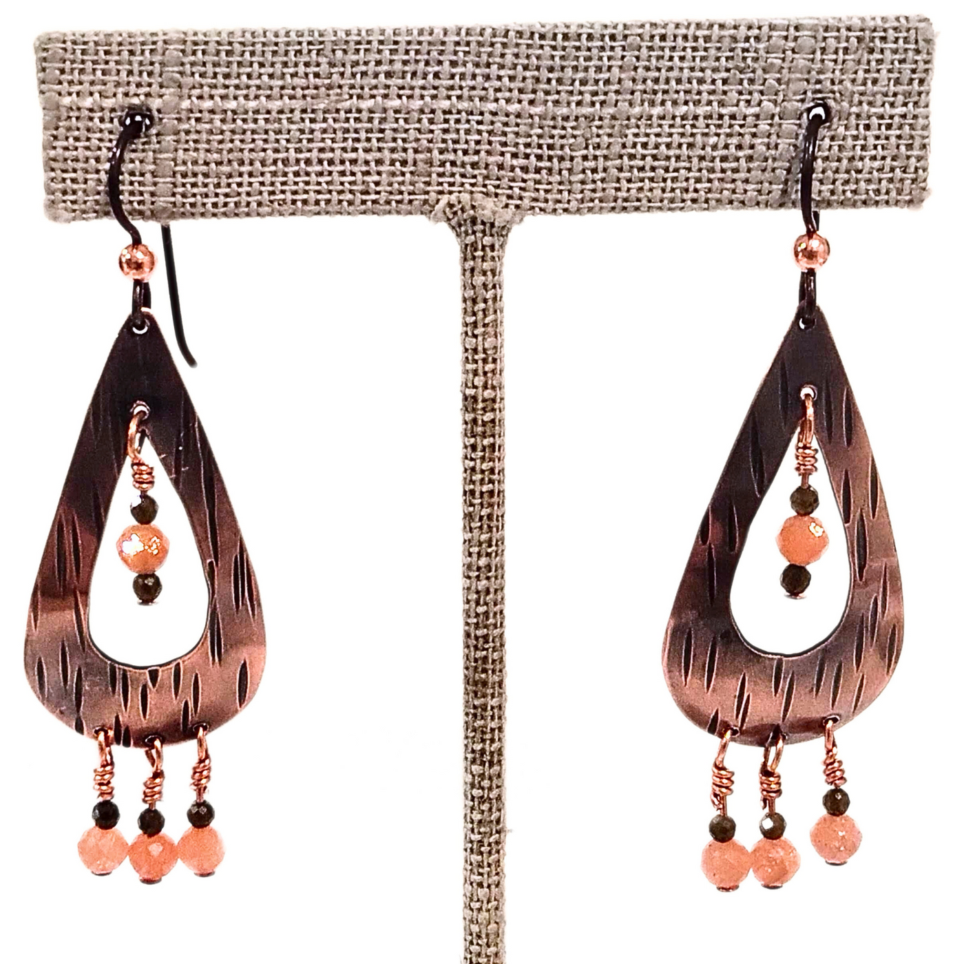 DS-400 Copper Tear Drop Earring W/ Sunstone and Smokey Quartz